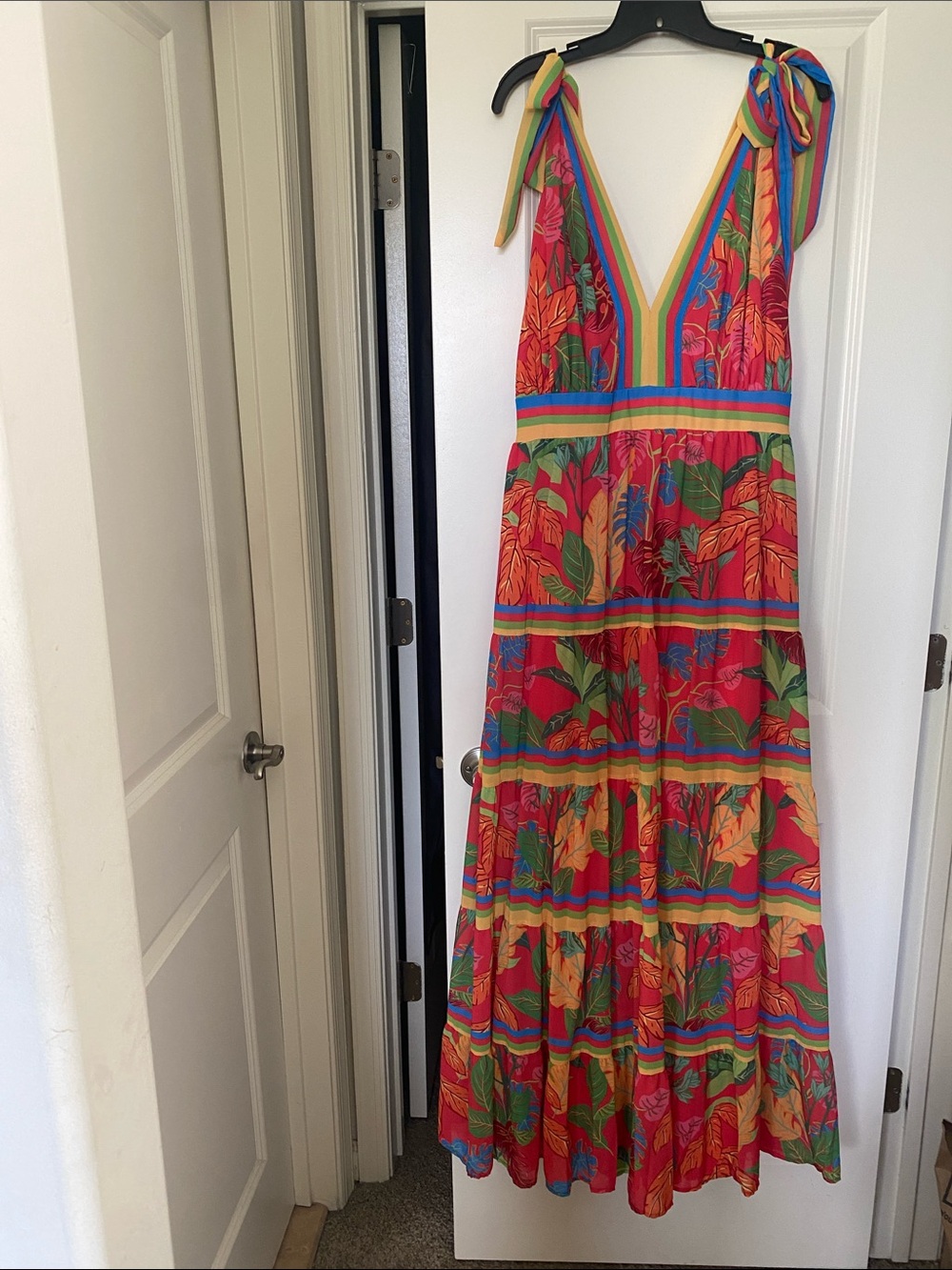 Fashion Nova Red Tropical Tie-Shoulder Maxi Dress